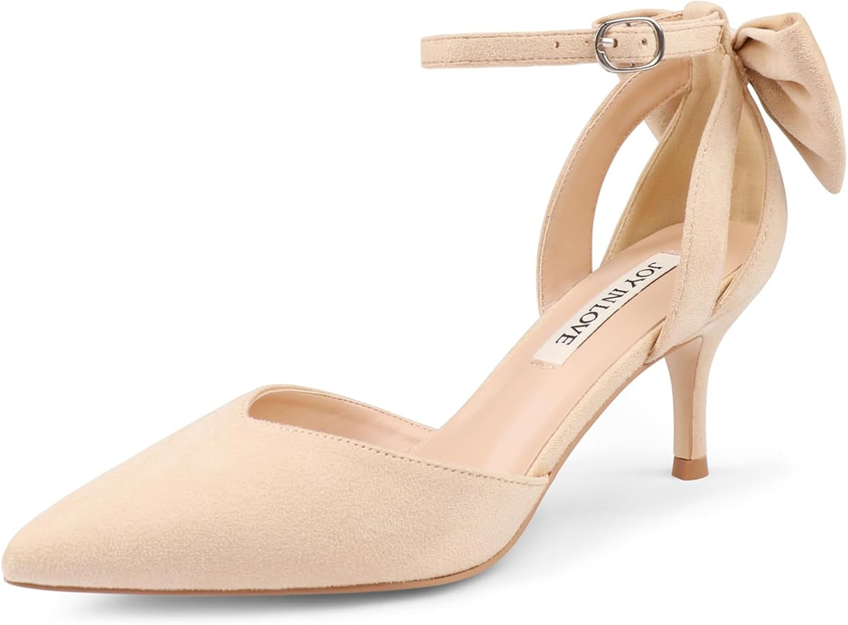 JOY IN LOVE Women's Pumps Kitten Bow Heels Closed Pointed Toe Sandals Ankle Strap Dress Shoes | Amazon (US)