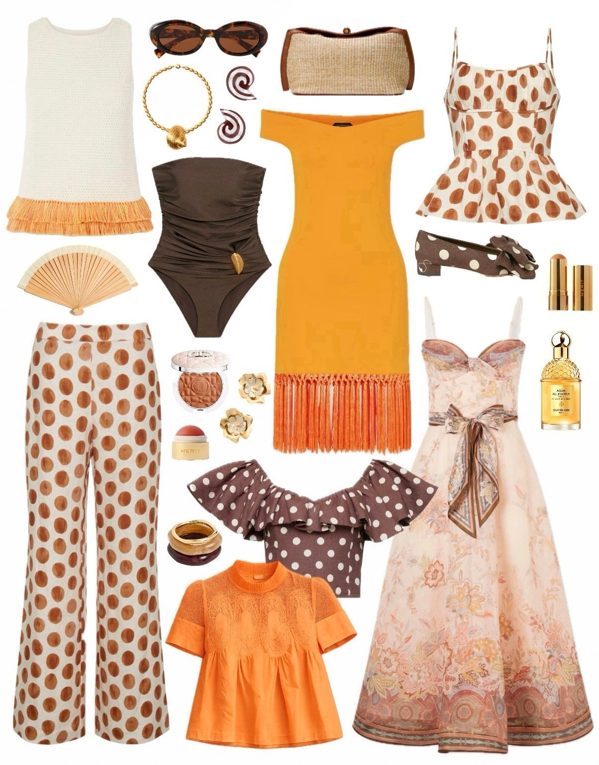 Orange and brown resort wear new arrivals ✨ spring outfit ideas vacation beach outfit 2026 cara cara pills dot set brown swimsuit chic one piece resort outfit fringe top Zimmerman Amazon top statement tops YSL Dior merit Shopbop tuckernuck classic timeless fun style feminine style bow shoes 