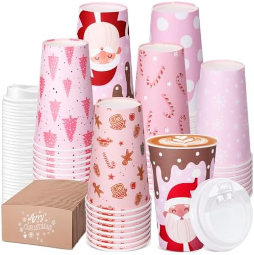Mimorou 60 Pack Pink Christmas Coffee Cups with Lids and Sleeves, 16 oz Disposable Paper Holiday ... | Amazon (US)