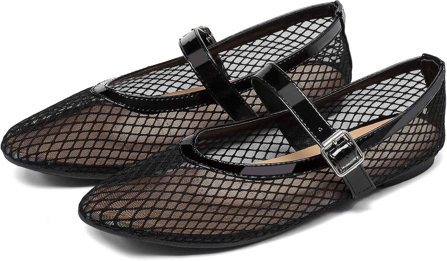 Women's Mesh Ballet Flats Round Toe Fishnet Ballerina Flats Buckle Strap Mary Jane Ballet Flats f... | Amazon (US)