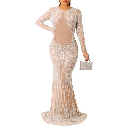 CUTUBLY Women Sexy Party Club Night Out Dress Long Sleeve Crew Neck Dresses Rhinestone Complete See Through Clubwear(5606,Beige,2XL) | Amazon (US)