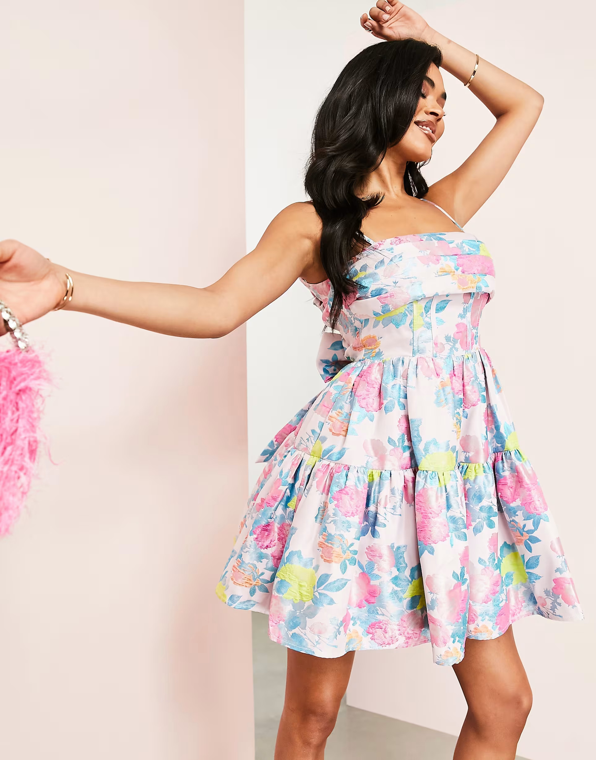 ASOS LUXE jacquard corsetted tiered skater mini dress in floral | ASOS (Global)