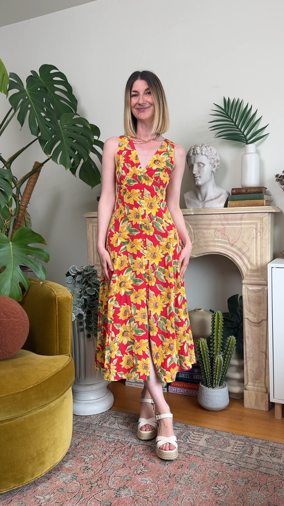 Perfect summer dress by Sézane. Midi flowy dress with sunflower pattern. Bold and fun, embody that French girl in South of France style 🙌 Perfect vacation dress

#LTKgrwm #LTKootd