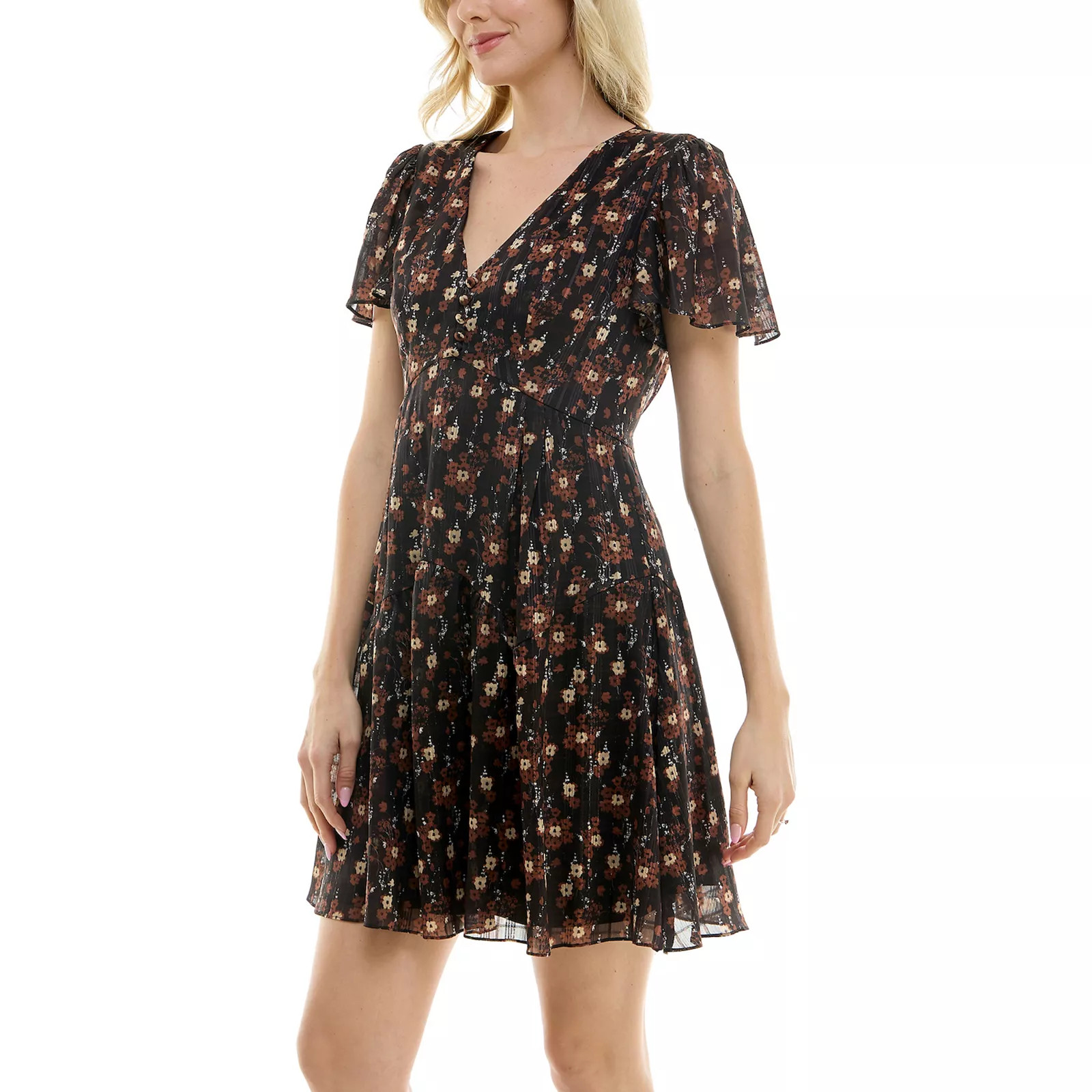 Women's Taylor Retro Ditsy Print Chiffon V-Neck Short Sleeve Mini Dress | Kohl's