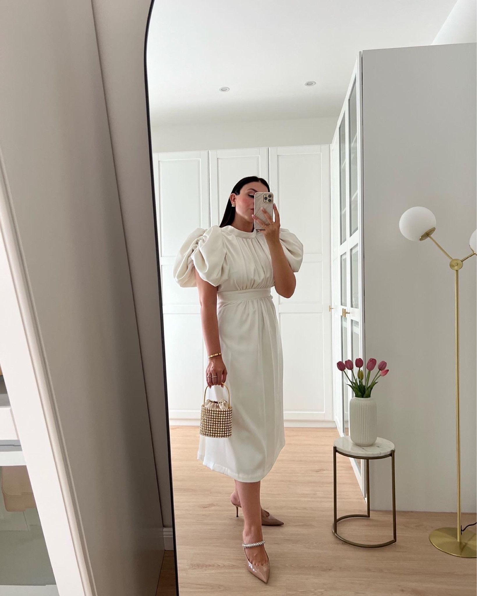 Obsessed with this dress 🦢🤍✨  Rotate dress with puff sleeves, Jimmy Choo Bing and Sparkling Vanina Bag 

#LTKFind #LTKeurope #LTKitbag