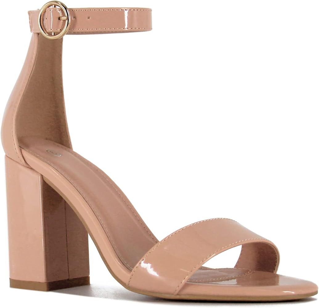 Women's White Nude Sandals Heels Open Toe Ankle Strap Block Chunky High heels sandals | Amazon (US)