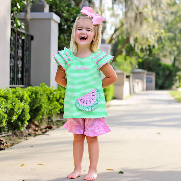 Watermelon Ruffle Green Stripe Short Set | Classic Whimsy