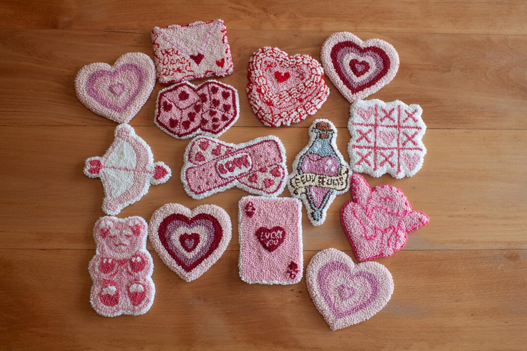 Pink Punch Needle Valentine's Day Coasters, Handmade Tufted Mug Rug for Romantic Home Decor - Ets... | Etsy (US)