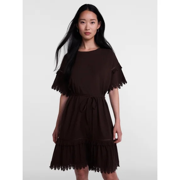 Scenario Women's Lace Trim Knit Dress with Short Sleeves, Sizes XS-XXXL | Walmart (US)