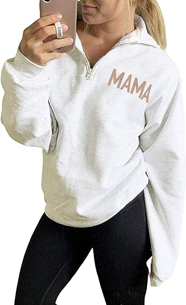 Women Mama Sweatshirt Mama Life Zip Up Pullover High Collar Quarter 1/4 Zip Coat Jacket Casual Lo... | Amazon (US)