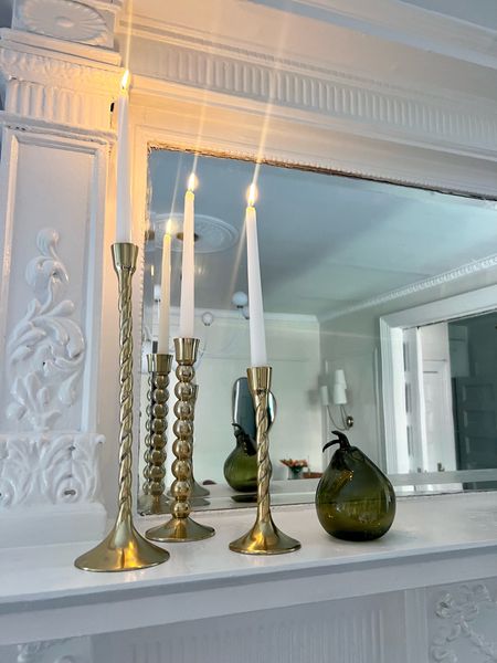 Fall mantle decor l- Gold candlesticks, pear glass mini vase 

#LTKFind #LTKSeasonal #LTKhome