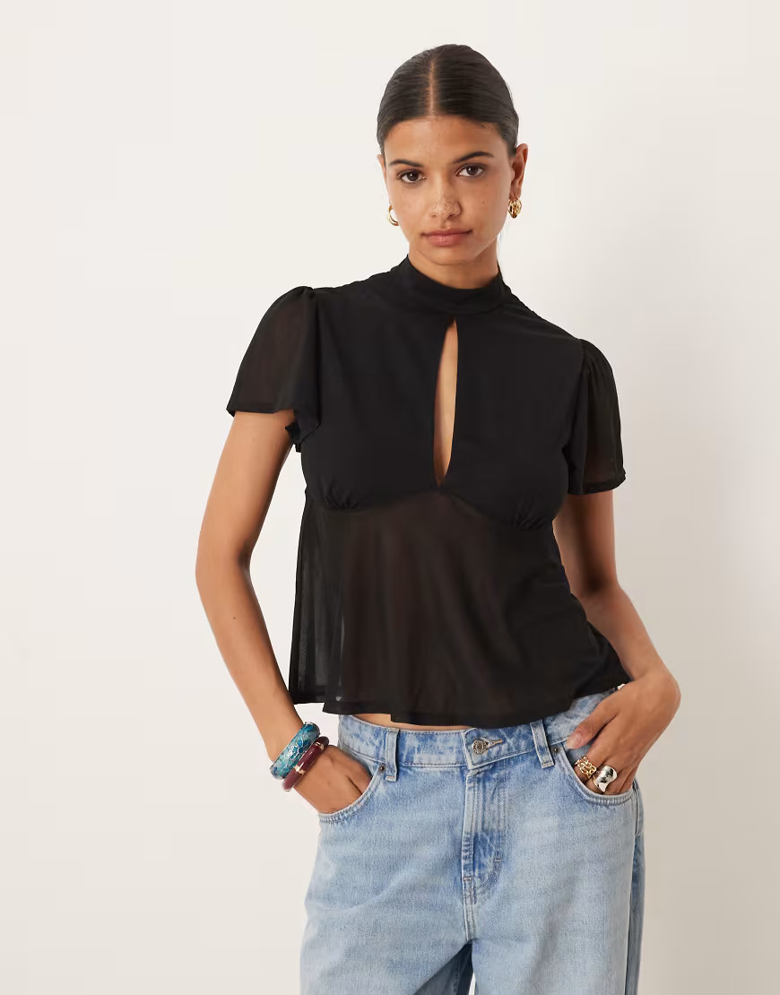 ASOS DESIGN floaty mesh flutter sleeve top with tie back detail in black | ASOS (Global)