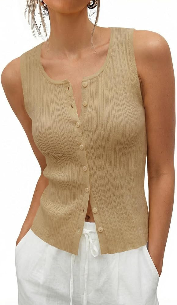 Saodimallsu Womens Sleeveless Sweater Vest Button Down Ribbed Knit Tank Top Scoop Neck Summer Tre... | Amazon (US)