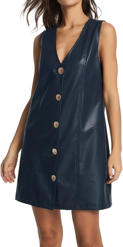 Women Faux Leather Mini Dress Sleeveless V Neck Button Down Pinafore Dress | Amazon (US)