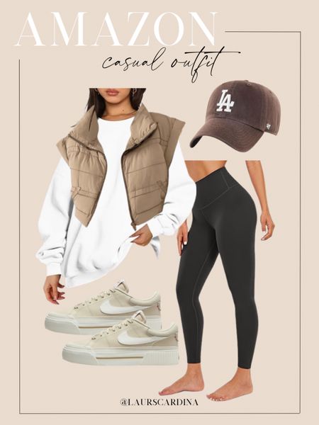 This casual outfit from Amazon includes an oversized white crewneck sweatshirt, tan puffer vest, black leggings, a brown LA hat, and Nike sneakers. 

Ootd, casual outfit, Amazon fashion

#LTKshoecrush #LTKstyletip #LTKfindsunder50