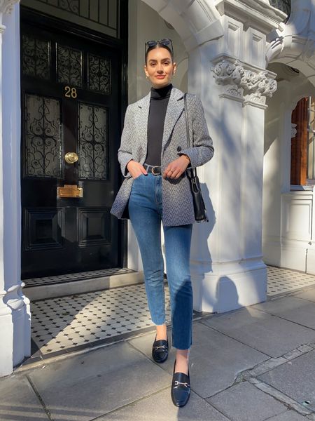 Houndstooth blazer, black roll neck top, straight leg jeans, black loafers, Maje M bag

#LTKSeasonal