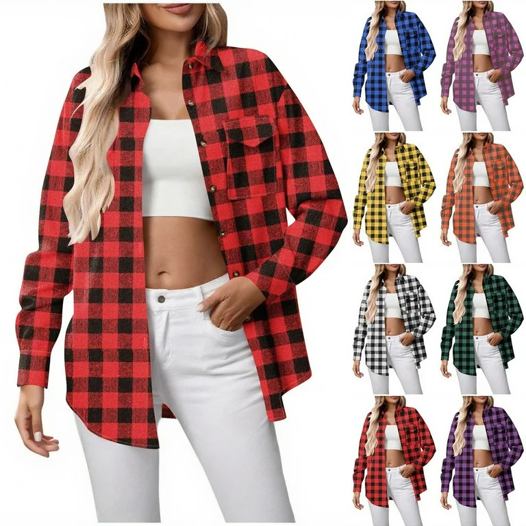 Eiyaclvo Plaid Shirt Women Button Down Flannel Shirts Long Sleeve Collar Plaid Shackets Spring Fa... | Walmart (US)