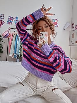 MakeMeChic Women's Y2K Long Sleeve Sweaters Round Neck Striped Pattern Drop Shoulder Sweater Pull... | Amazon (US)
