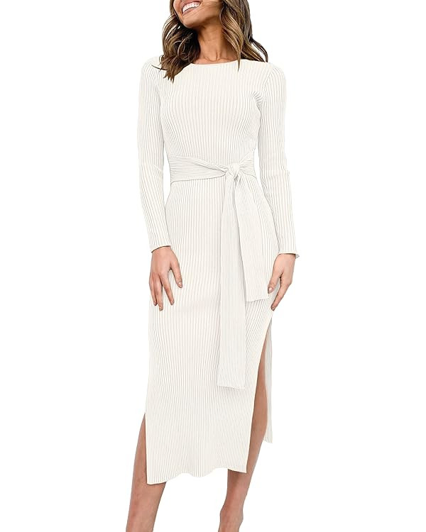 Caracilia Women's Crew Neck Long Sleeve Midi Sweater Dress Elegant Side Slit Bodycon Dress with B... | Amazon (US)