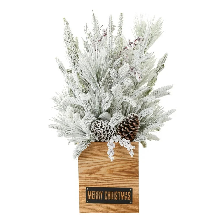 Holiday Time Flocked Artificial Greenery Porch Arrangement in Wood Box, 30" | Walmart (US)