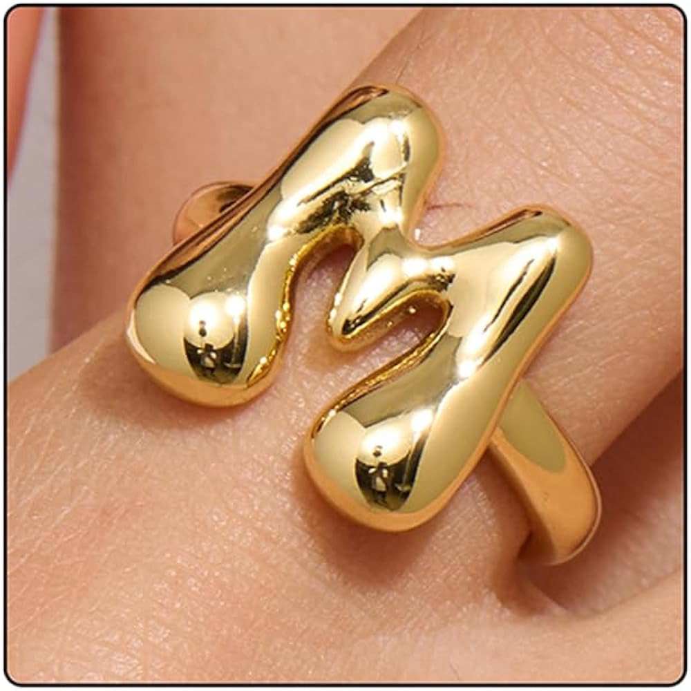 Bubble Initial Gold Ring For Women,Dainty Balloon Letter Rings 14k Gold Plated Open Alphabet A-Z ... | Amazon (US)