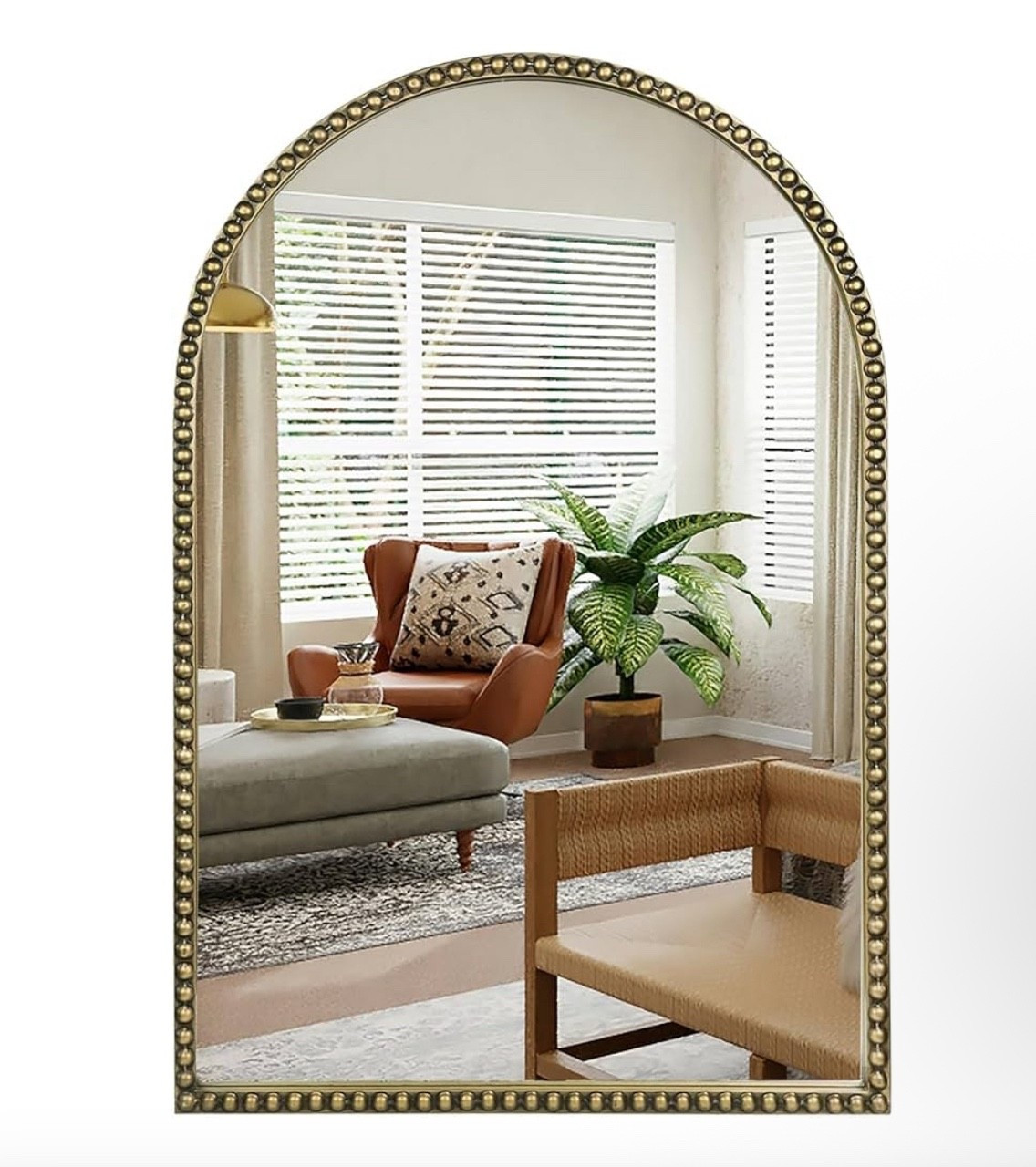 Antique Gold 24"x36" Arched Wall Mirror with Metal Beaded Frame - Decorative Accent Wall Mirror for Bathroom, Bedroom, Living Room, Entryway
