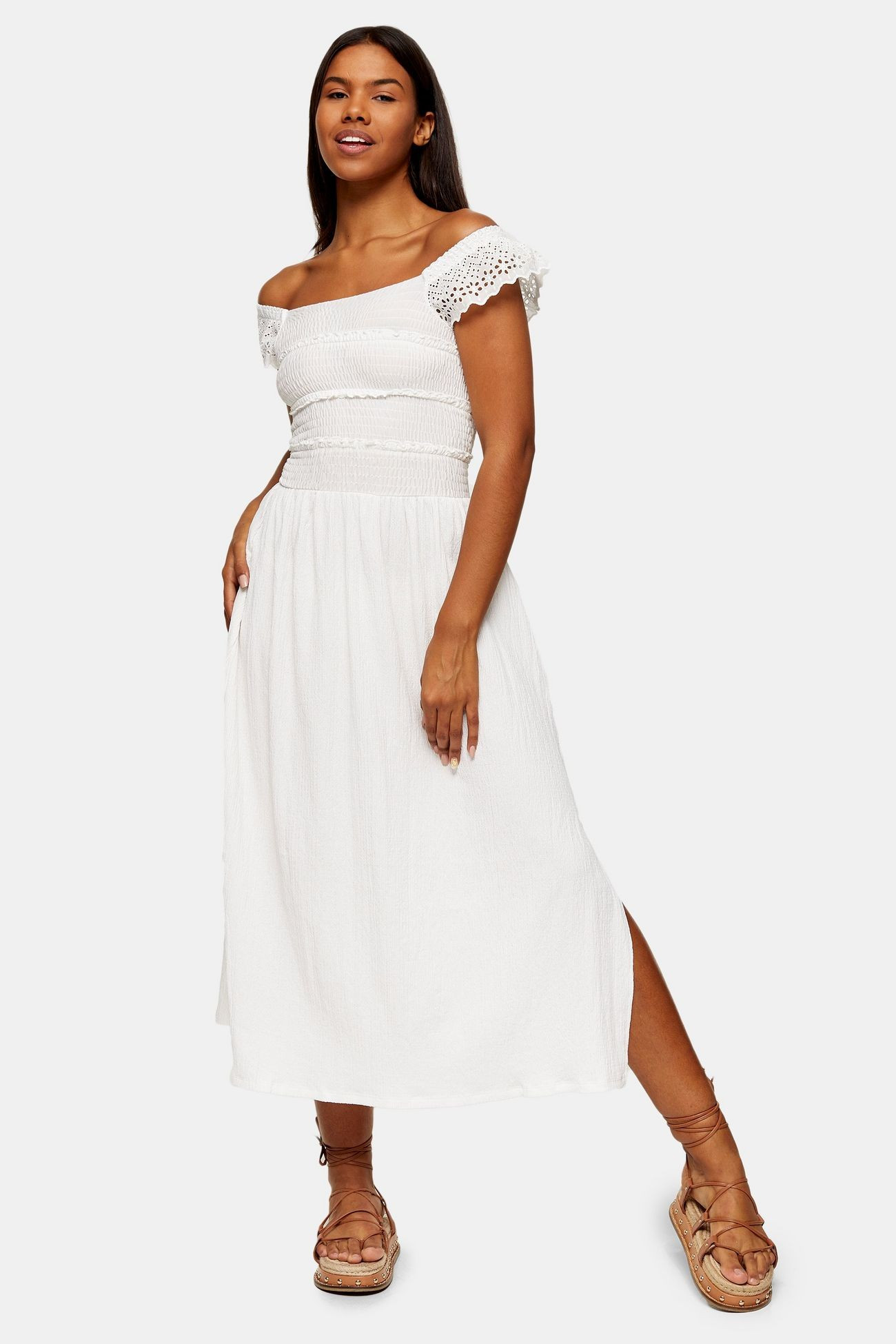 White Broderie Shirred Midi Dress | Topshop UK