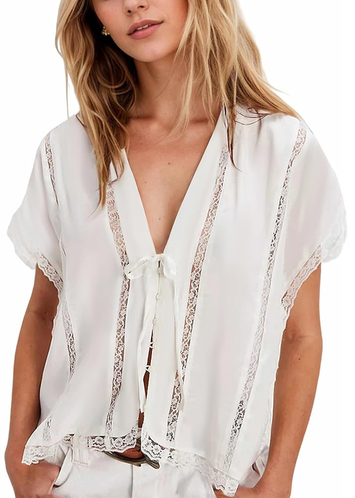 MISSACTIVER Women V Neck Tie Open Front Shirts Summer Oversized Button Down Blouses Casual Short ... | Amazon (US)