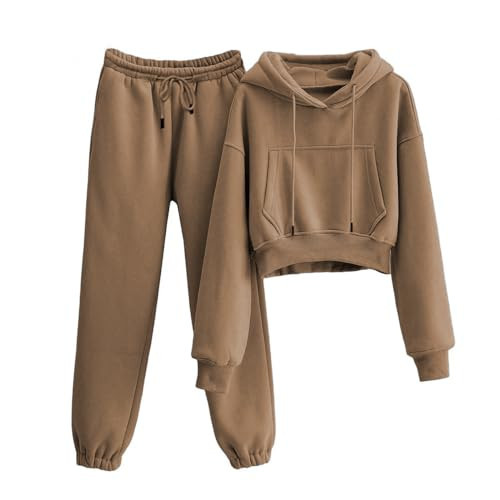 RIATOUR Womens Fleece 2 Piece Outfits Sweatsuit Lounge Hoodie Set Crop Pullover Sweatshirt with Joggers Sweatpants (Brown-XXL) | Amazon (US)