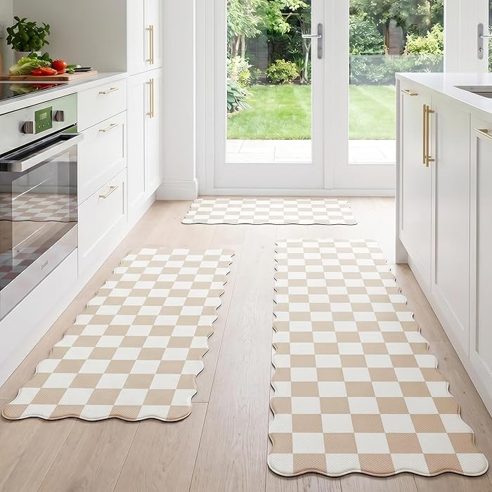 Scalloped Cream Checkered Grid Checkerboard Kitchen Rug Sets [3 PCs], Anti-Fatigue, Waterproof No... | Amazon (US)