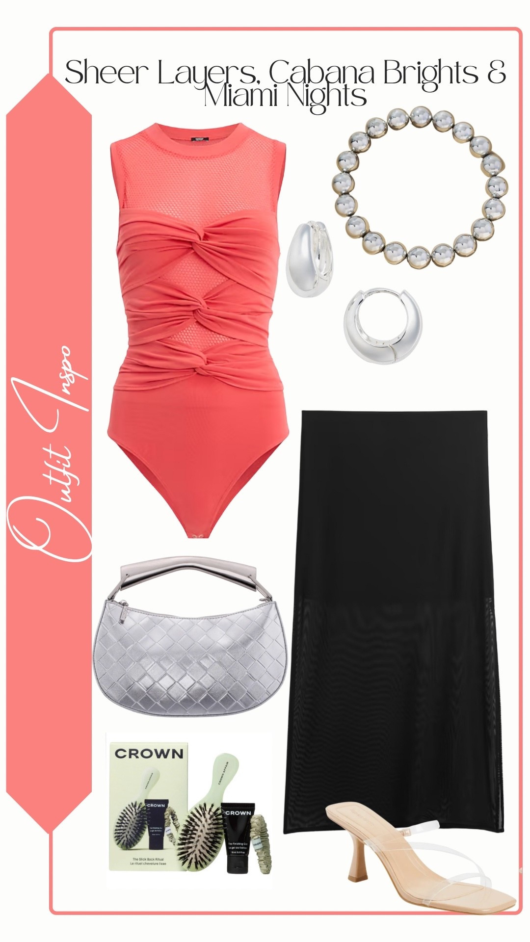 Sheer Layers, Cabana Brights & Miami Nights

Black Mesh Midi Skirt: GAP
Coral Mesh Crew Neck Bodysuit: Express
Silver Huggie Hoop Earrings: Nordstrom
Silver Beaded Choker Necklace: Anthropologie
Silver Top Handle Bag: Nina (Cory Diamond Quilted Bag)
Clear Sandal: Open Edit (Tawney Sandal)

Crown Affair Slick Back Ritual Hair Set for a Slicked Back Bun Look

#LTKStyleTip #LTKSeasonal #LTKParties