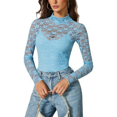 Avidlove Women's Long Sleeve Turtle Neck Bodysuit Lace Shapewear Going Out Top Clear Blue L | Target