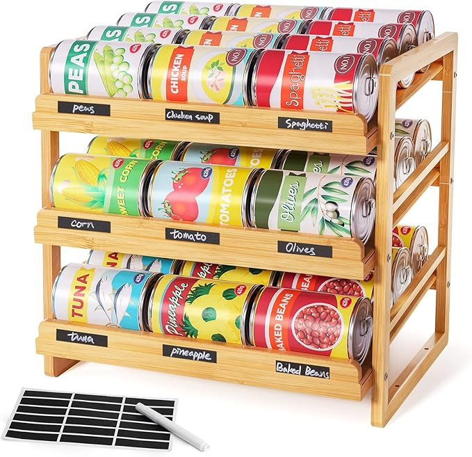 Bamboo Can Organizer for Pantry, 3 Tier Stackable Can Storage Organizer Pantry with Label Sticker... | Amazon (US)