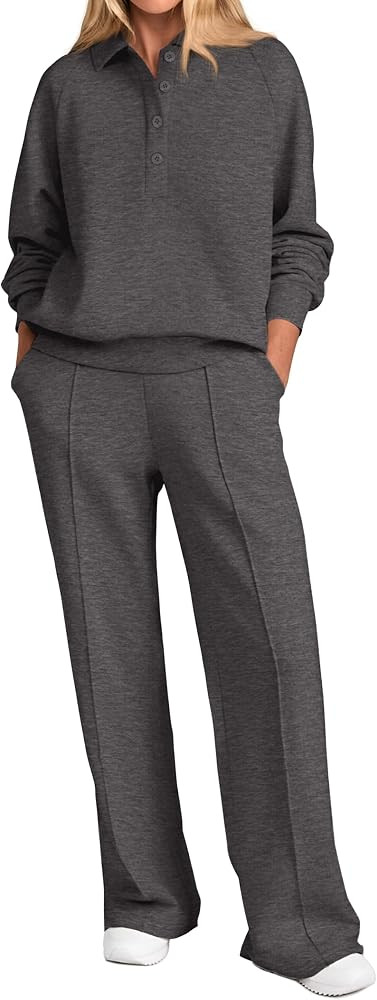 Amazon.com: PRETTYGARDEN Women Fall 2 Piece Outfits Sweatsuits Quarter Button Long Sleeve Sweatsh... | Amazon (US)