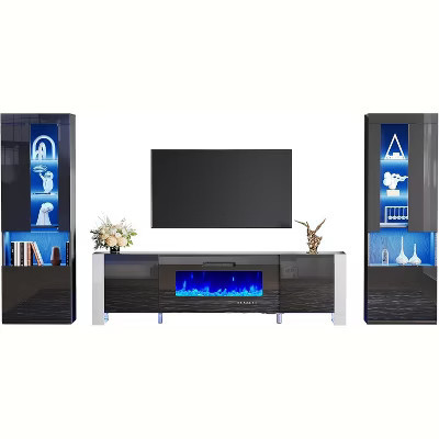 3 Piece Living Room Table Set, 80" TV Stand with 40" Fireplace & 2 Bookcases for 90" TV, All Black | Target