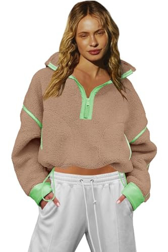 LAMISSCHE Fleece Jacket Women Oversized Half Zip Sweatshirt Warm Sherpa Pullover with Pockets(Khaki,XS) | Amazon (US)