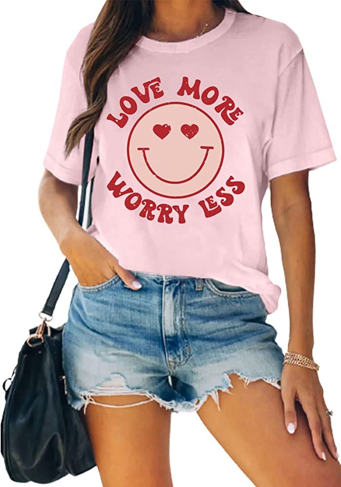 MAIHUN Valentines Day Shirt Love More Worry Less Shirts Women Happy Smile Face Tshirt Short Sleev... | Amazon (US)
