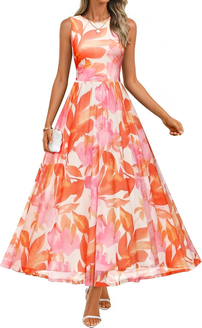 ZESICA Women's Summer Sleeveless Floral Maxi Dress 2026 Casual Crewneck Mesh A Line Flowy Boho Be... | Amazon (US)