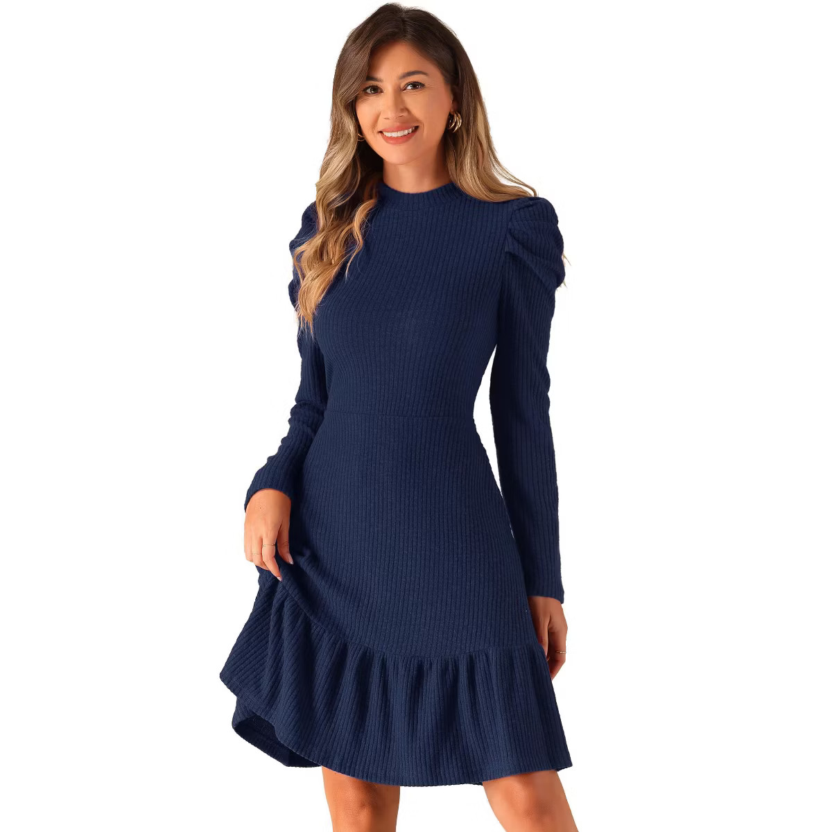 INSPIRE CHIC Women's Crew Neck Stretchy Puff Long Sleeve Ruffle Knit Dresses | Target