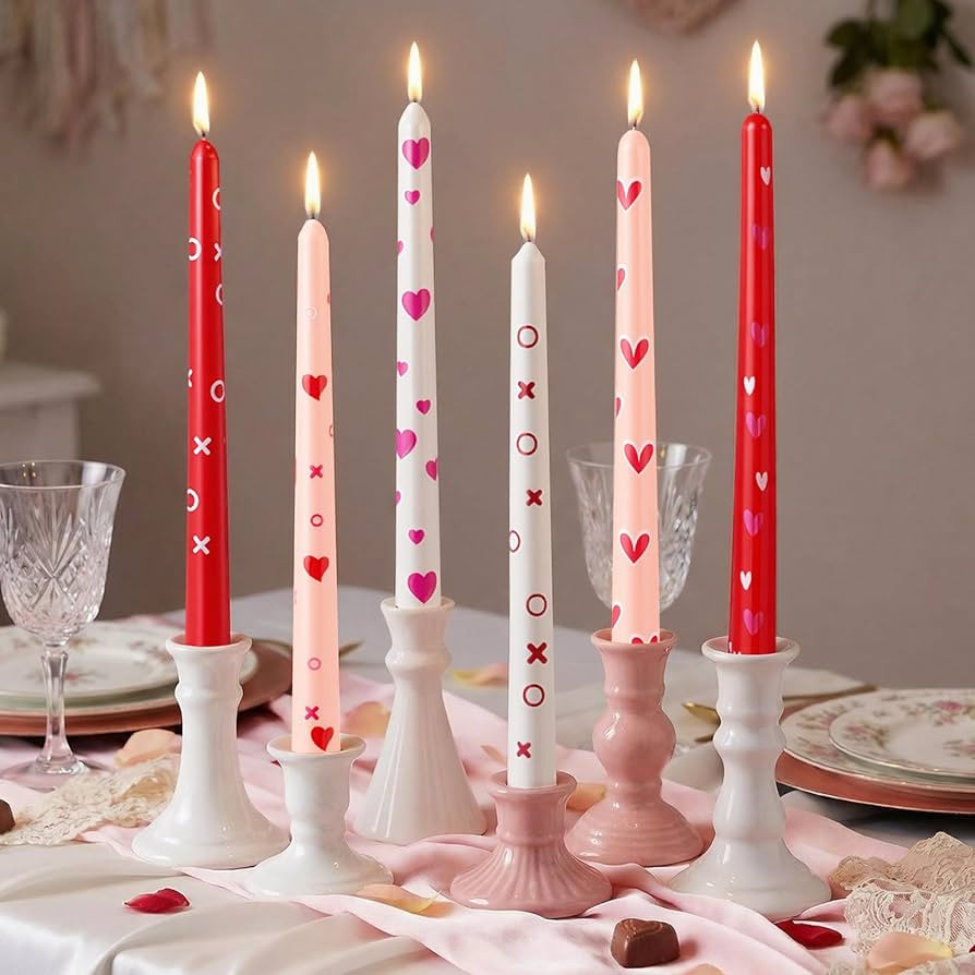 Nuanchu 12 Pcs Valentines Heart Taper Candles Valentine's Day Pink Red Heart Decorative Candles S... | Amazon (US)
