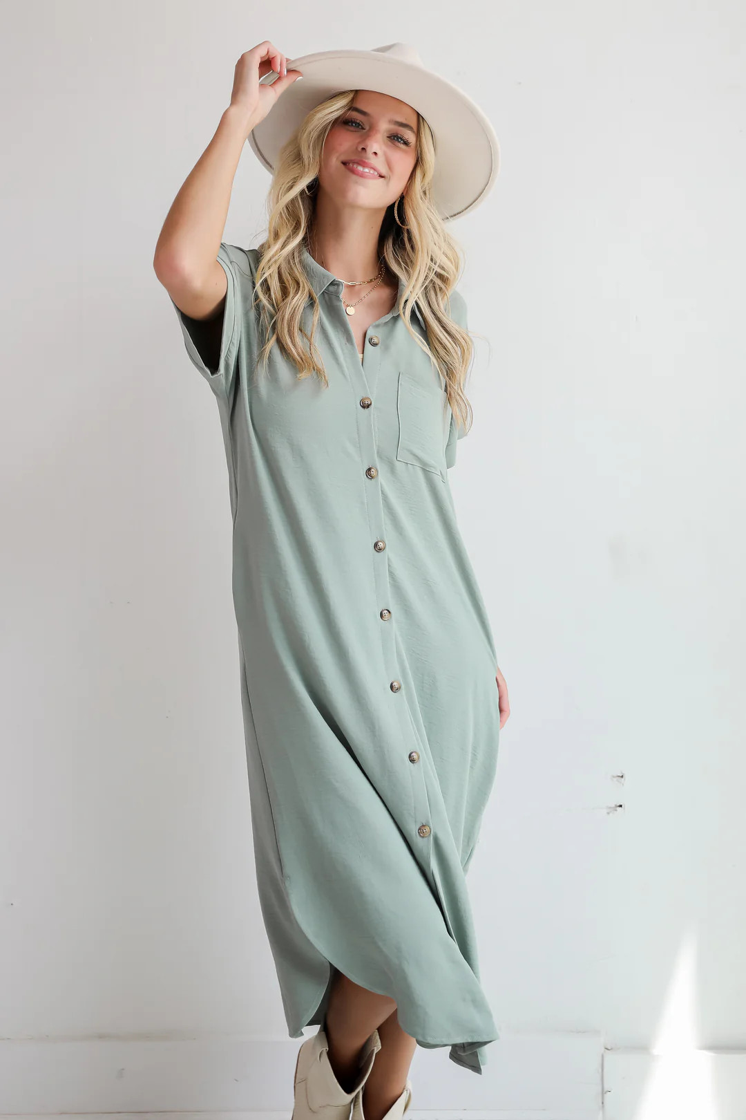 Radiant Moment Sage Button Front Midi Dress | Dress Up