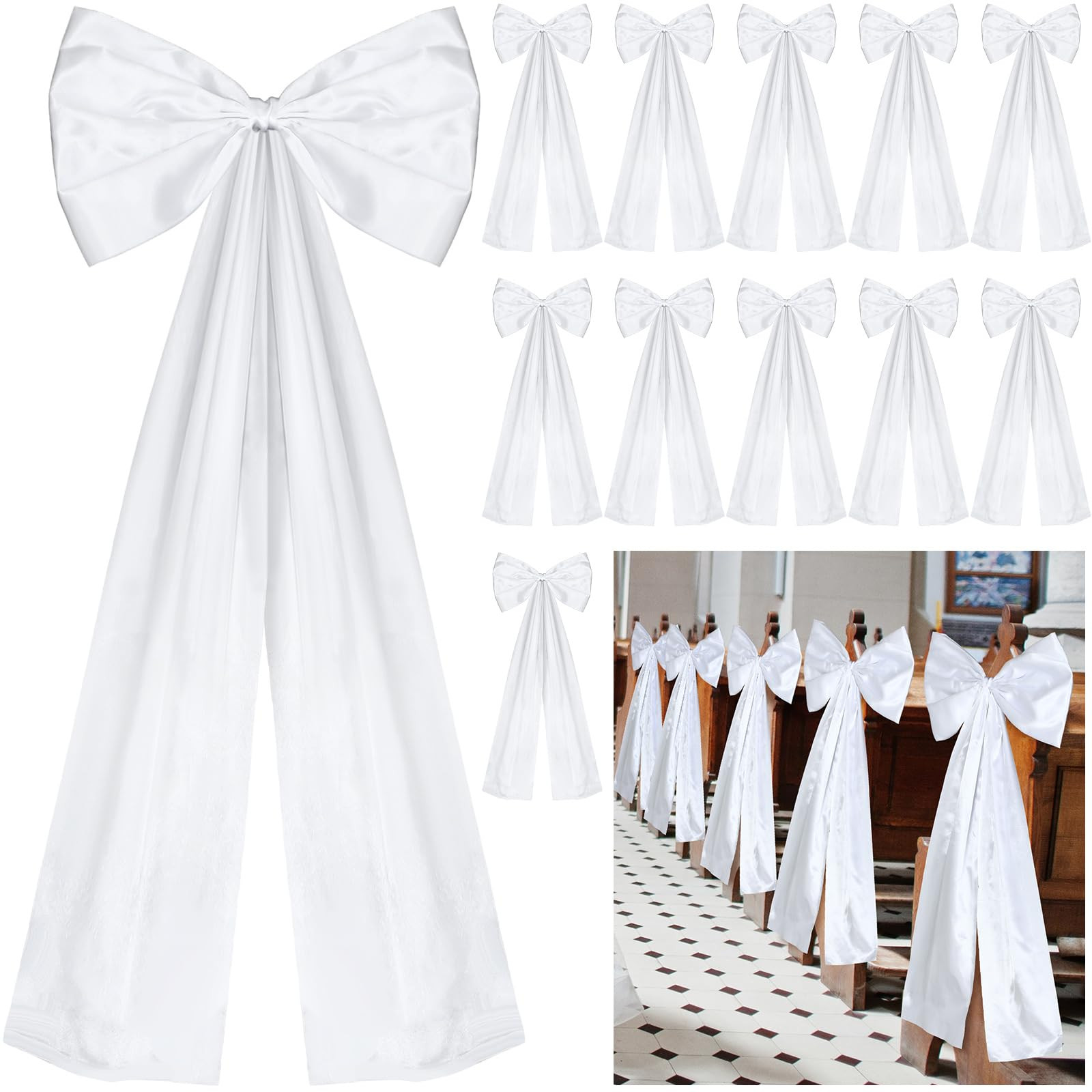 Large Wedding Pew Bows with Long Tails 12 x 26 Inch Wedding Aisle Decorations Bows Satin Ribbon B... | Amazon (US)