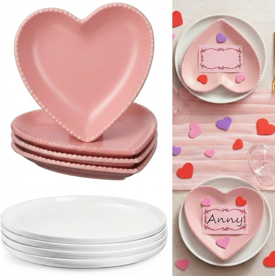 65 Pcs Ceramic Valentine's Day Heart Plates Set with Pink Lace Table Runner Heart Dessert Plate S... | Amazon (US)