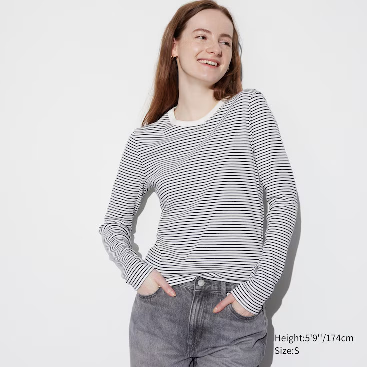 SOFT RIBBED FITTED STRIPED CREW NECK LONG SLEEVED T-SHIRT | UNIQLO (UK)