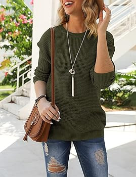 MEROKEETY Women's 2025 Long Sleeve Waffle Knit Pullover Sweater Crew Neck Solid Color Jumper Tops | Amazon (US)