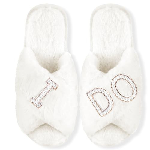 Tkifoda White and Gold Bride Slippers I Do Slippers for Wedding Day Bridal Slippers Wedding Slippers Wedding Shoes for Brides (8.5-9.5) | Amazon (US)