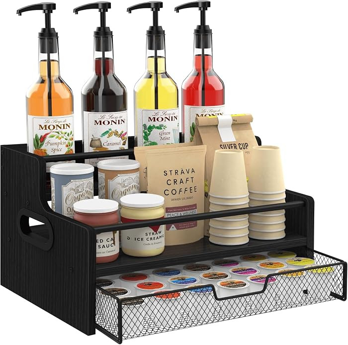 Homode 3-Tier Coffee Bar Organizer, 8 Bottle Syrup Stand with 35 Coffee Pod Storage Drawer, Rusti... | Amazon (US)