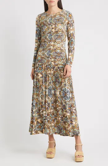 FARM Rio Winter Tapestry Long Sleeve A-Line Dress in Blue at Nordstrom Rack, Size X-Large | Nordstrom Rack