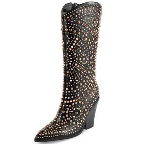iiimmu Women's Black Mid-Calf Boots Pointed Toe and Chunky Heel Boots Luxurious Studded Boots with Side Zipper, Studs, Rhinestones, Size US 11.5 | Amazon (US)