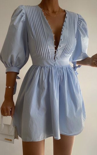 Zandra Mini Dress - Puff Sleeve Poplin Dress in Icy Blue | Showpo (US, UK & Europe)